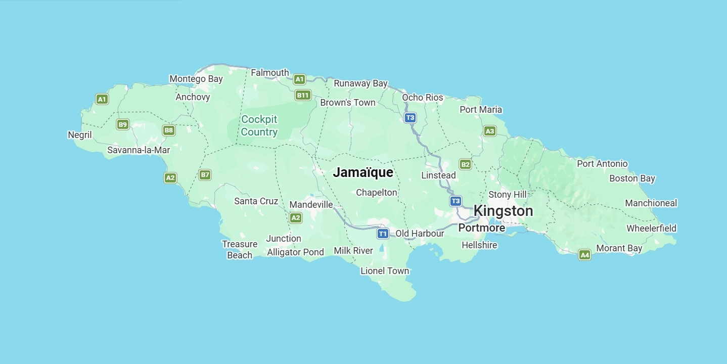 Carte Jamaïque avec Montego Bay Kingston Ocho Rios