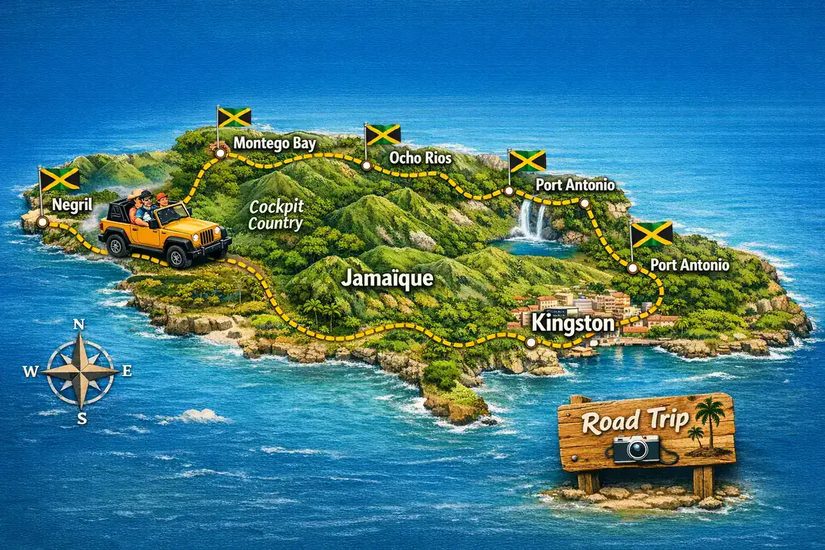 Carte et préparation d'un voyage itinérant en Jamaïque